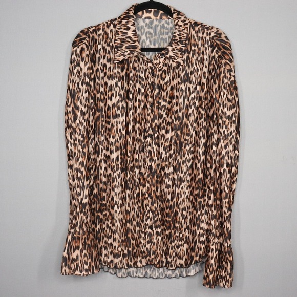 Good American Button Up Shirt Womens Size 1/2 Brown Plisse Leopard Print - Picture 1 of 9